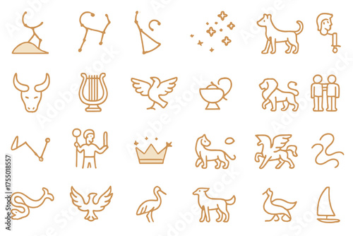 Collection of unique and simple line drawings showcasing animals and mythical symbols in an artistic arrangement