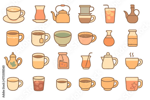 Diverse collection of warm and cold beverages displayed in a simple and colorful style
