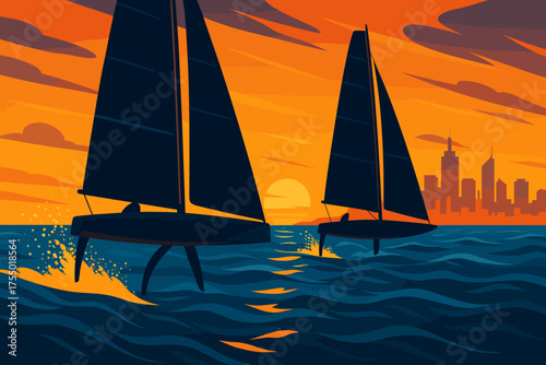 Sailboats glide through waves against a vibrant sunset skyline in a serene evening scene