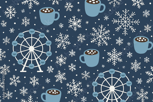 Colorful winter pattern with snowflakes, mugs, and ferris wheels creating a festive atmosphere