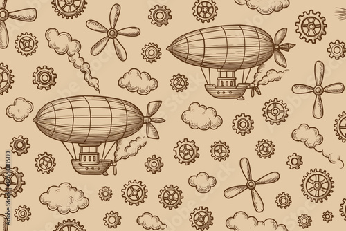 Hot air balloons and gears create a whimsical steampunk pattern on a light background with clouds and propellers