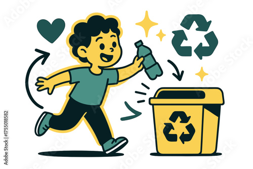 Kid's Eco Adventure. Kid-friendly recycling. Glowing child tossing a plastic bottle into bright colored bin. Floating icons of heart, sparkle, and recycle