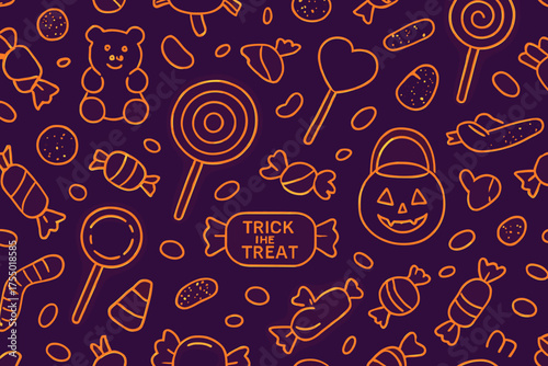 Colorful Halloween candy pattern featuring treats, sweets, and playful designs in vibrant shades