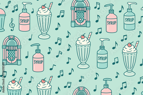 Vintage diner pattern featuring milkshakes, jukeboxes, and nostalgic elements celebrating classic American culture