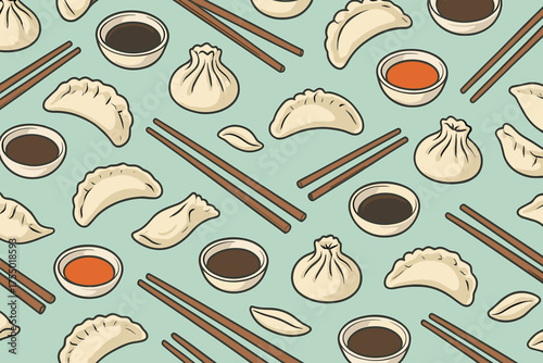 Delicious assortment of dumplings and sauces spread out on a light blue background