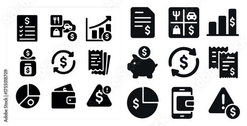 Finance and budget filled icons set – solid, expense tracking, money management