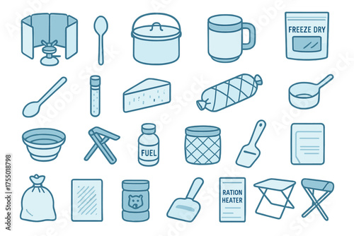 Camping and outdoor survival gear including cooking tools and supplies for wilderness adventures