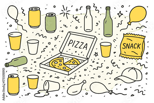 Party Cleanup Scene. Party Aftermath. Hand-drawn doodle illustration soda cans (colored), glass bottles, pizza box (colored), balloons deflated, cups