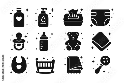 Luxury Baby Care Icons. Luxury baby care. Solid icons set of Luxury baby care: baby lotion, shampoo bottle, baby wipes, diaper, pacifier, baby bottle, plush