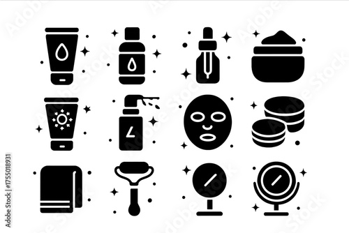 Pre-Makeup Essentials Icons. Pre-makeup essentials. Solid icons set of Pre-makeup essentials: cleanser, toner, serum, moisturizer, sunscreen, eye cream, mist