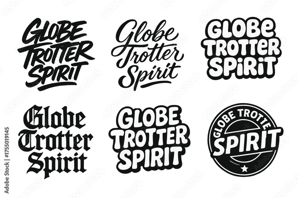 Obraz premium Creative Lettering Grid. Globe Trotter Spirit. Set lettering. harmonious lettering variations of the same emblematic concept, each with different artistic