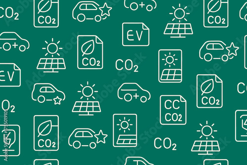 Various elements representing electric vehicles, renewable energy sources, and environmental impact on a green background