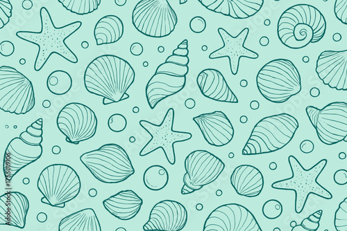 Beautiful collection of ocean shells and stars arranged on a soft green background