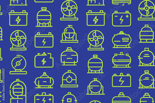 Neon green icons representing various electrical and mechanical devices on a blue background