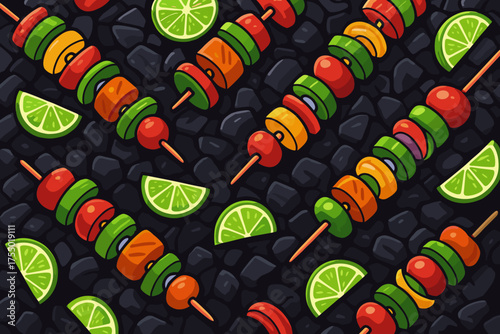 Colorful skewers and lime slices arranged on a dark background for a summer barbecue gathering and outdoor feast