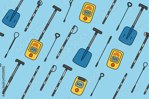 Various snow safety tools and equipment scattered on a blue background for winter outdoor activities and emergencies