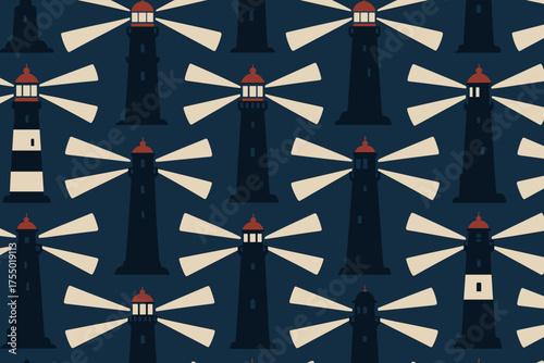 Lighthouses stand tall against a dark blue night sky with beams of light shining brightly