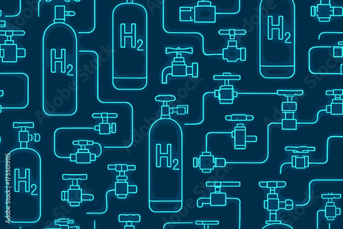 Hydrogen gas storage and distribution system illustration with cylinders and valves in bright neon colors