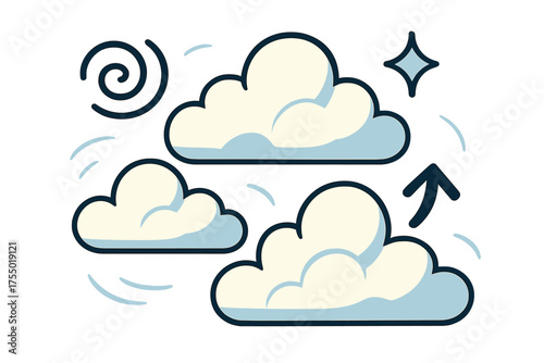 Dynamic Sky Elements. Clouds in the sky. Glowing fluffy white clouds drifting across a bright blue sky. Floating icons of swirl, sparkle, and arrow symbolizing