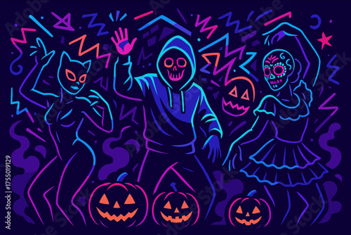 Vibrant Halloween party scene featuring colorful dancing characters with pumpkins and spooky decorations