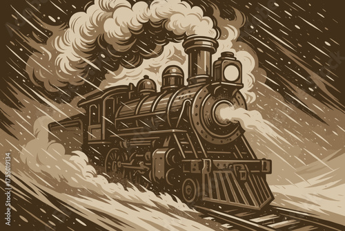 Vintage steam train travels along a snowy track during a storm in a rugged landscape