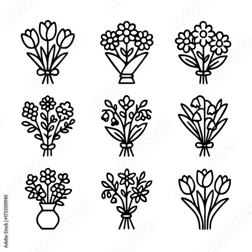 set of outline icons spring bouquets vector on a white background
set of 9 line icons, vector, on a white background