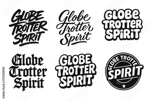 Creative Lettering Grid. Globe Trotter Spirit. Set lettering. harmonious lettering variations of the same emblematic concept, each with different artistic