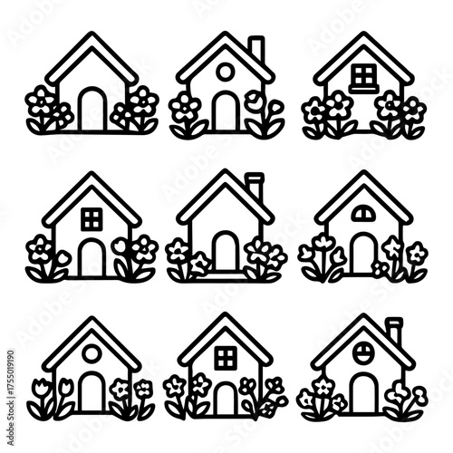 set of outline icons houses with flowers vector on a white background
set of 9 line icons, vector, on a white background