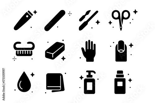 Manicure Tools Icons. Manicure tools. Solid icons set of Manicure tools: nail clipper, nail file, cuticle pusher, scissors, nail brush, buffer block, hand,
