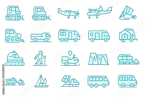 Various modes of transportation depicted in simple line art, showcasing land, water, and air vehicles and activities
