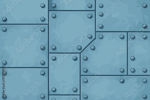 Textured blue metal surface with riveted panels and bolts creating an industrial background