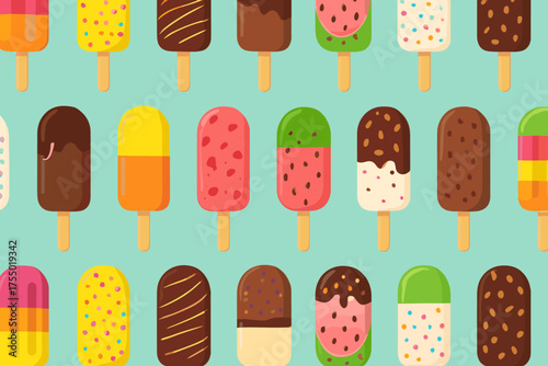 Colorful ice cream pops on a light blue background showing a variety of flavors and patterns during summer