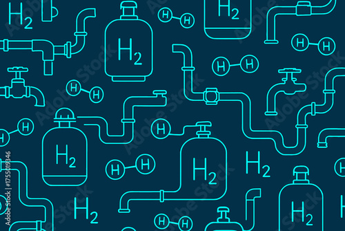 Hydrogen symbols and pipes create a seamless pattern suitable for scientific and industrial themes