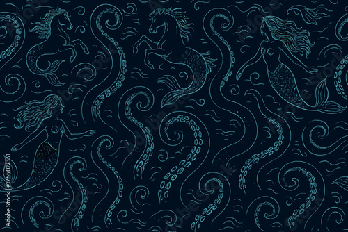 Mermaid and sea creature patterns in deep ocean blue