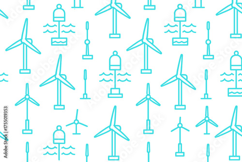 Wind turbines and buoys create a modern pattern showcasing renewable energy in a coastal setting