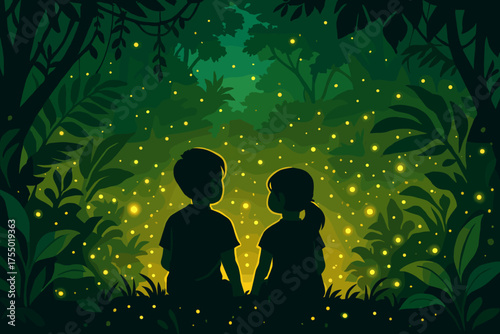 Children watching glowing fireflies in a dark forest at night creating a magical atmosphere