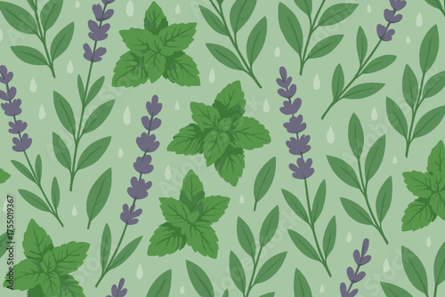 Colorful botanical pattern featuring mint and lavender on a light green background with raindrops