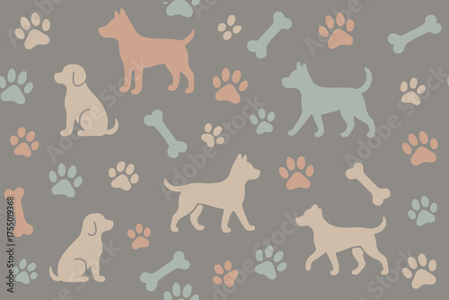 Colorful dog and bone pattern design on gray background suitable for pet-themed projects or decor