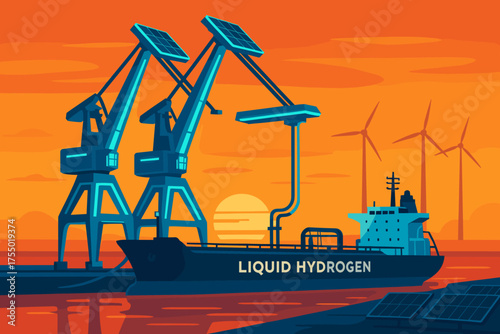 Development of liquid hydrogen facilities at sunset with cranes and renewable energy sources