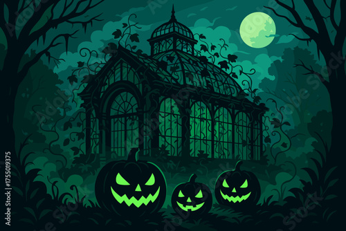 Spooky greenhouse lit by moonlight with carved pumpkins during Halloween night