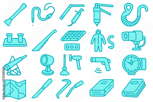 Collection of emergency tools and equipment arranged in a creative layout for safety and rescue operations