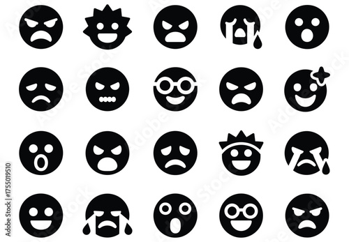 Collection of black and white emoticon faces expressing various emotions