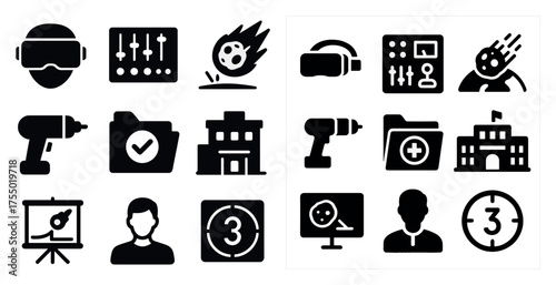 Virtual reality solid icons set – flat, filled, gaming and tech symbols
