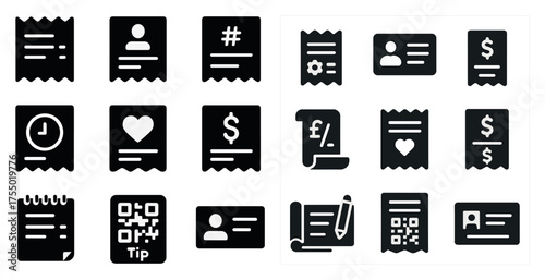 Receipt and payment solid icons set – flat, filled, finance and billing symbols