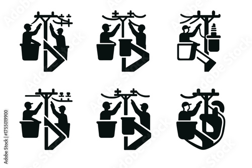 Electric Line Crew Logos. Electrical line installers repairing power lines. Set Logo of Electrical line installers repairing power lines: transformer box.