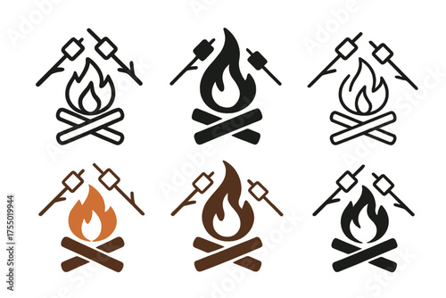 Nature Adventure Logos. Camping and hiking in nature. Set Logo of Camping and hiking in nature: Cozy campfire with marshmallows on sticks. harmonious logo
