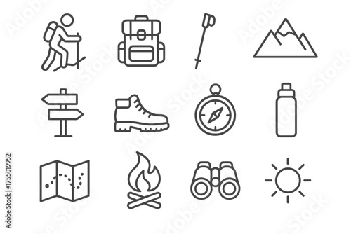 Mountain Hiking Icons. Endless joy. Two vertical A6 banners with safe margins, centered composition, no elements touching edges, memphis, olive green and