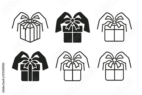 Gift Wrapping Logos. Gift wrapping. Set Logo of Gift wrapping: Hands tying a neat bow around a box. harmonious logo variations of the same emblematic concept,