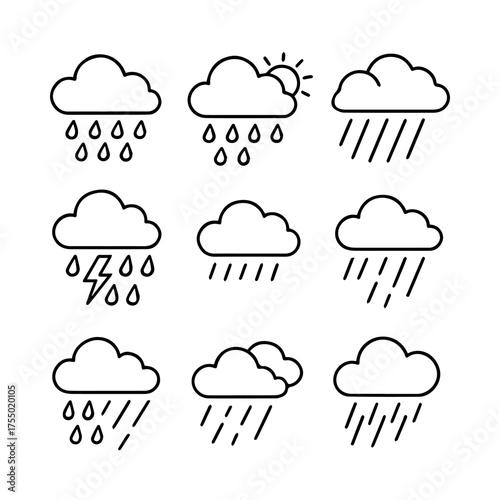 set of outline icons rain clouds vector on a white background
set of 9 line icons, vector, on a white background