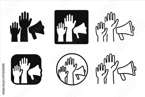 Labor Market Logos. Labor market dynamics. Set Logo of Labor market dynamics: labor union and collective bargaining (raised hands and megaphone). harmonious